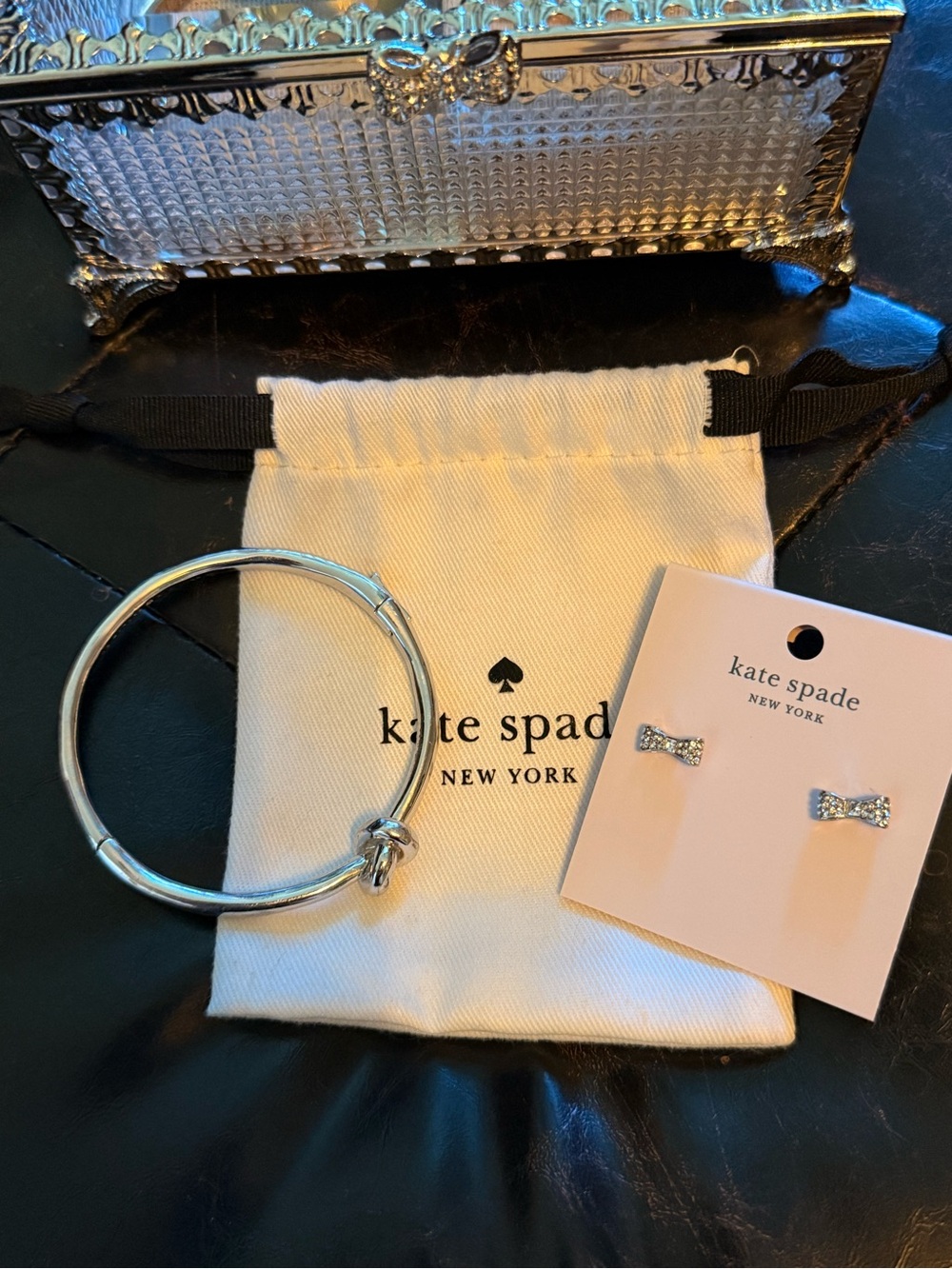 kate spade Silver Knot Bangle Bracelet with Take A Bow Stud Earrings Set NWT